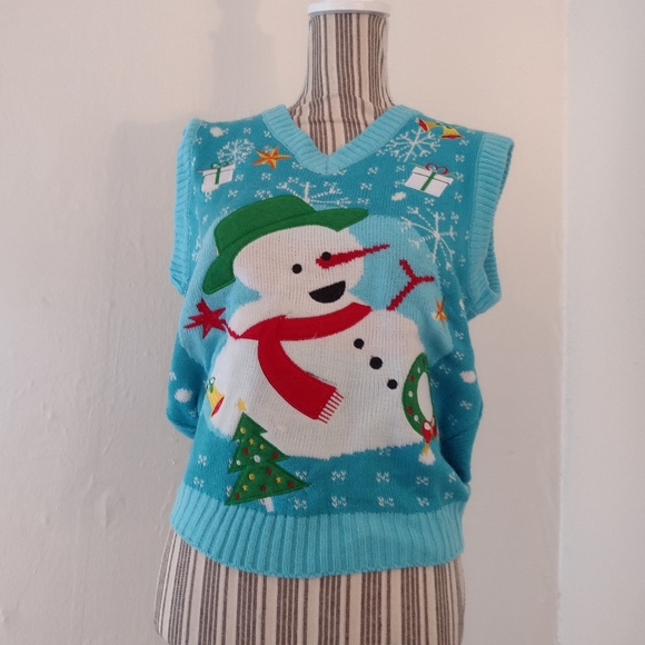 Teal Holiday Snowman Sleeveless Sweater Vest Size S - Picture 1 of 7